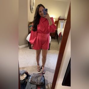 River island UK 12, pink satin, bell sleeve, belt, romper/ play suit